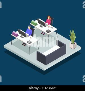 Moderne Buch Bibliothek Raum isometrische Farbe Vektor Illustration. Student in der Computerklasse der Universität. Büromitarbeiter an Schreibtischen mit Laptops. Öffentlich Stock Vektor
