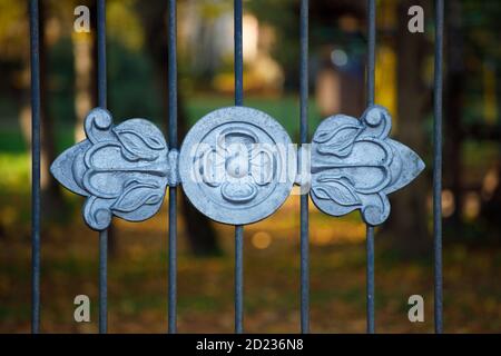 Schönes schmiedeeisernes Gitter im Park im Herbst Stockfoto