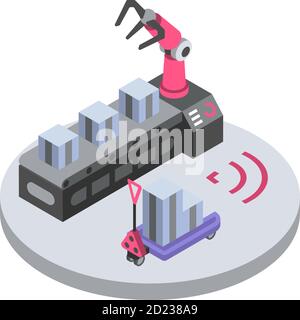 Abbildung des isometrischen Farbvektors des mechanischen Roboterarms. Förderlinie, Fertigungsprozess. Fabrik intelligente Technologien, Lagerlader Remote Stock Vektor