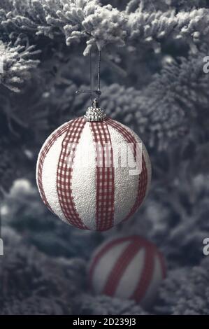 Zwei gestreifte Bälle hängen auf Weihnachtsbaum mit Schnee bedeckt. Vintage Weihnachtskarte. Selektiver Fokus. Getöntes Foto. Stockfoto