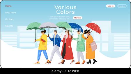 Verschiedene Farben Regenschirme Landing Page flache Farbe Vektor Vorlage. Menschen in Regenmäntel Homepage Layout. Regnerisches Wetter eine Seite Web site Schnittstelle mit Stock Vektor
