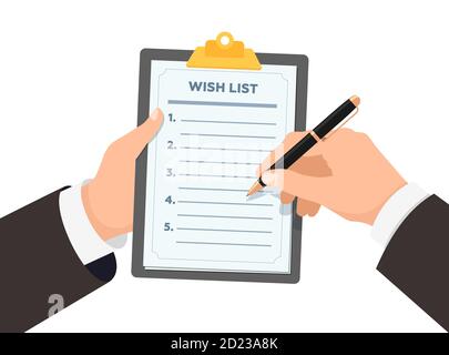 Geschäftsmann Hände halten Zwischenablage mit Wunschliste. Geschäftsmann mit Stift schreibt Wünsche auf Papier Wunschliste Form flach eps Vektor Illustration Stock Vektor