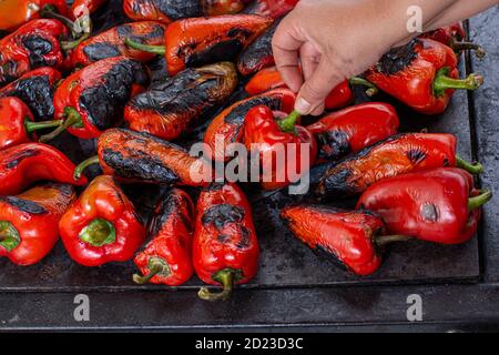 Rote Paprika rösten auf einem Holzofen in Vorbereitung für die Herstellung ajvar, ein traditionelles serbisches Gericht Stockfoto