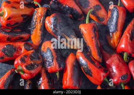 Rote Paprika rösten auf einem Holzofen in Vorbereitung für die Herstellung ajvar, ein traditionelles serbisches Gericht Stockfoto