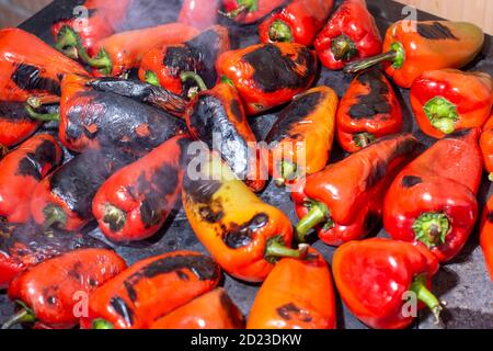 Rote Paprika rösten auf einem Holzofen in Vorbereitung für die Herstellung ajvar, ein traditionelles serbisches Gericht Stockfoto