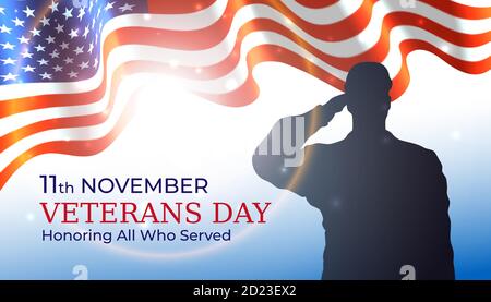 Happy Veterans Tag Banner, winkende amerikanische Flagge, Silhouette eines begrüssenden uns Armee Soldaten Veteran auf blauem Himmel Hintergrund. US-Nationalfeiertag 11. november Stock Vektor