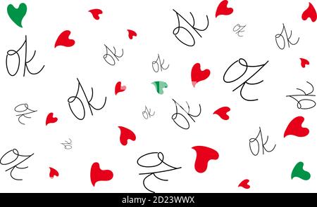 OK Banner im Doodle-Stil. Handgezeichnete isolierte Elemente, rote und grüne Herzen auf weißem schwarzen Grund. Stock Vektor