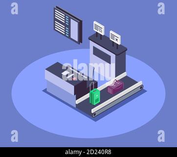 Abbildung des isometrischen Farbvektors für den Check-in-Schalter am Flughafen. Empfang der Fluggesellschaft 3d-Konzept isoliert auf blauem Hintergrund. Registrierungsschalter und Stock Vektor