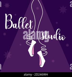 Quadratisches blaues Cover, Banner mit Ballett Studio Text. Vektor-Illustration von weiblichen Beinen in spitzenschuhen, Schuhe auf Bändern auf Theaterbühne. Stock Vektor