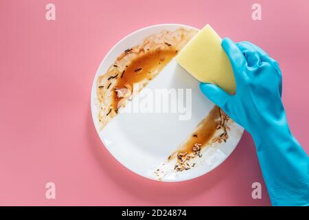 Hand in blauem Gummihandschuh halten gelben Reinigungsschwamm an Reinigen und waschen Sie Lebensmittelflecken und Schmutz auf Weiß Gericht nach dem Essen Mahlzeit isoliert auf rosa Stockfoto