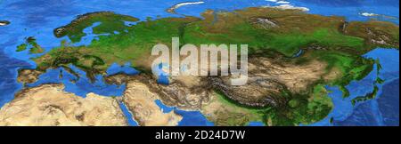 Karte von Europa und Asien. Detaillierte flache Satellitenansicht der Erde und ihrer Landformen, im Sommer. 3D-Illustration. Elemente dieses Bildes eingerichtet von N Stockfoto