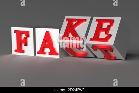 Würfel mit Buchstaben umkehren und die Wörter ändern sich von TATSACHE zu FÄLSCHUNG. 3d-Rendering Stockfoto