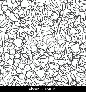 Retro wild Rose Linie Kunstmuster. Vintage Folk Art handgezeichnetes florales Design. Gold umrandet Blumen auf weißem Hintergrund. Eleganter Naturhintergrund. Perfekt für Veranstaltungen, Hochzeiten und Geschenkpapier. Stock Vektor