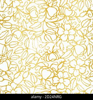 Retro wild Rose überall Muster. Vintage Folk Art handgezeichnetes florales Design. Goldene Linie Blumenbilder auf weißem Hintergrund. Eleganter Naturhintergrund. Perfekt für Veranstaltungen, Hochzeiten und Geschenkpapier. Stock Vektor