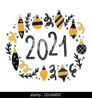 2021 Schriftzug Zitat verzierte weihnachtselemente. Darstellung im Doodle-Stil Stock Vektor