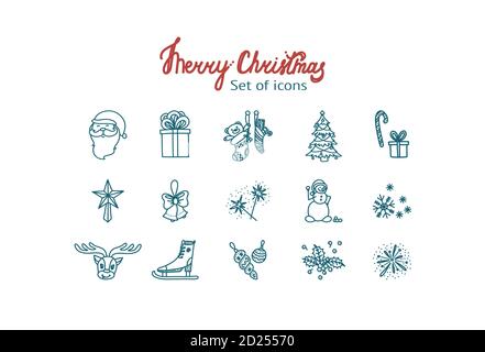 Set von Weihnachts-Ikonen mit Weihnachtsmann, Geschenk-Boxen, Socken, Mistel, Wunderkerzen, Schlittschuhe, Schneemann und andere Objekte. Handgezeichneter Weihnachtskritzel Stock Vektor