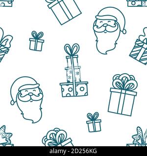 Merry Christmas Nahtloses Muster mit Weihnachtsmann und Geschenke. Hintergrundskizze zum Weihnachtsthema. Vektorgrafik im Doodle-Stil Stock Vektor