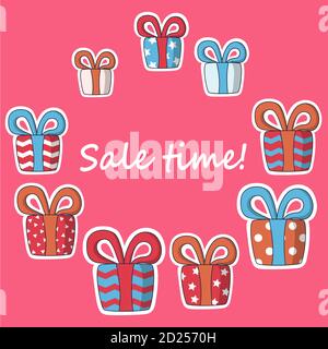 Rahmen mit Geschenken in verschiedenen Größen und Farben für Werbung und Verkaufsförderung. Vektor-Illustration in niedlichen Cartoon-Stil auf rosa Hintergrund Stock Vektor