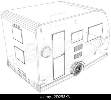 Ziehen Sie hinter dem Wohnmobil. Drahtrahmen. Vektorgrafik des Trailers. Die Schichten von sichtbaren und unsichtbaren Linien werden getrennt. EPS10-Format. Stock Vektor