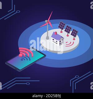 Isometrische Farbvektordarstellung für erneuerbare Energien. Umweltfreundliche Stromquelle drahtlose Fernbedienung. Smart Home Solarpanel und Windmühle 3d Stock Vektor