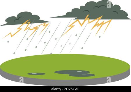 Gewitter im ländlichen Raum Cartoon-Vektor-Illustration. Donner und Blitz. Starker Regen und Hagel. Extreme Wetterbedingungen. Unheil. Flache Farbe Stock Vektor