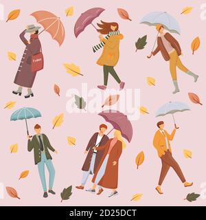 Menschen mit Regenschirmen flach Vektor nahtlose Muster. Rosa Hintergrund. Saisonale Kleidung. Herbst Blätter Textur mit Cartoon-Farbe Symbole. Regnerisch und windig Stock Vektor