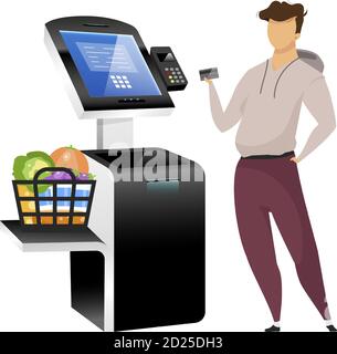 Mann mit Geschäft Terminal flache Farbe Vektor gesichtslosen Charakter. Kontaktlose Zahlung Maschine isoliert Cartoon-Illustration auf weißem Hintergrund Stock Vektor