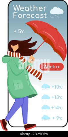 Wettervorhersage Cartoon Smartphone Vektor App Bildschirm. Handy-Display, flaches Zeichen-Mockup. Kaukasische Weibchen im Regenmantel. Frau mit Regenschirm Stock Vektor