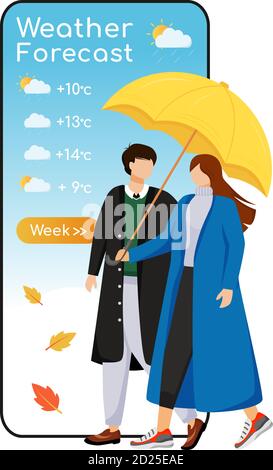 Wettervorhersage Cartoon Smartphone Vektor App Bildschirm. Handy-Display, flaches Zeichen-Mockup. Romantische Beziehung. Kaukasische Paar mit Stock Vektor