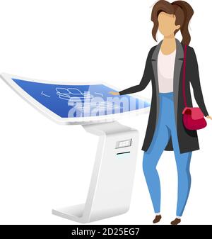 Frau in der Nähe von elektronischen Signage Panel flache Farbe Vektor gesichtslosen Charakter. Innovative Informationboard isolierte Cartoon-Illustration auf weiß Stock Vektor