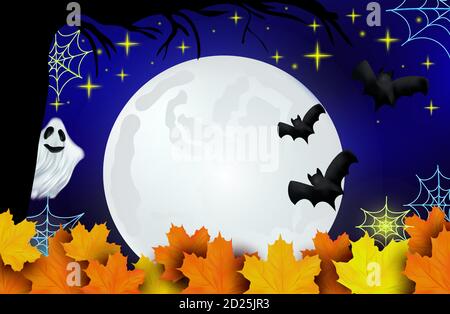 Frohe Halloween. Geister, Fledermäuse und heller Mond auf dunklem Hintergrund. Charakter halloween aus einer anderen Welt, das Jenseits. Vektorgrafik Stock Vektor