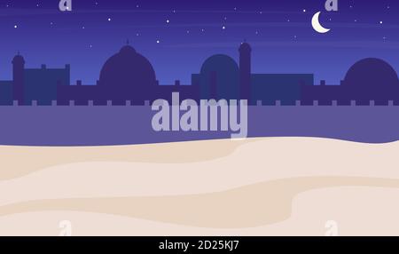 Wüste Stadt Silhouette Nacht Landschaft flache Farbe Vektor Hintergrund. Muslimische Gebäude und Himmel mit Mond. Islamische Architektur Cartoon Hintergrund. Moschee Stock Vektor