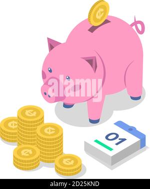 Geld sparen isometrische Farbe Vektor Illustration. Bankeinzahlung. Bankwesen. Münzen und Sparschwein. Wirtschaft. Buchhaltung und Audit. Investitionen. Gehalt Stock Vektor