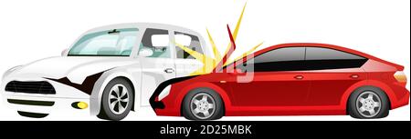 Auto Absturz Cartoon Vektor Illustration. Zertrümmerte rote Limousine und weiße Mini cooper flache Farbe Objekte. Verkehrsunfall, Notsituation. Automobile Stock Vektor