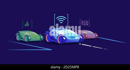 Fahrerlose Autos flache Farbe Vektor Illustration. Futuristische selbstfahrende Fahrzeuge mit verschiedenen Automatisierungsstufen auf blauem Hintergrund. Automobile in Stock Vektor