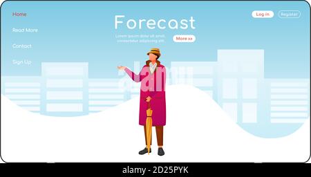Forecast Landing Page Flat Color Vector Template. Bleiben kaukasischen Kerl in Hut und Schal Homepage Layout. Regnerisches Wetter eine Seite Website-Schnittstelle Stock Vektor