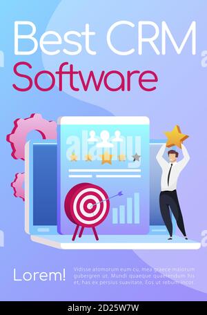 Beste CRM Software Poster flache Vektor-Vorlage. Der Geschäftsmann hält den Stern. Pfeil im Ziel. Broschüre, Broschüre eine Seite Konzept-Design mit Karikatur Stock Vektor