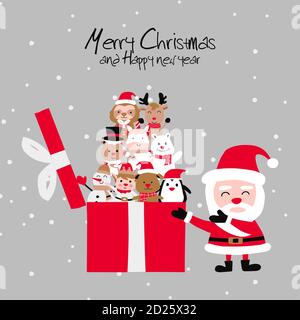 santa cluas entkästchen Weihnachtsgeschenk, das Tiere und Zeichen enthält Von Weihnachten mit Weihnachtseinladungskarte Design, Vektor-Illustration Stock Vektor
