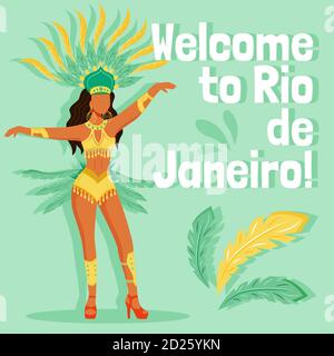 Brasilien Karneval Social Media post mockup. Willkommen bei Rio de Janeiro Phrase. Design-Vorlage für Webbanner. Frau Kostüm Booster, Inhalt Layout mit Stock Vektor