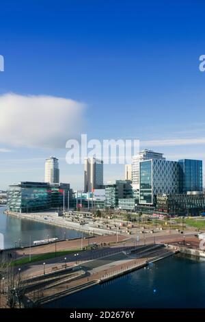 MediaCityUK ist ein 200 Hektar großes Grundstück mit gemischter Nutzung am Ufer des Manchester Ship Canal in Salford und Trafford, Greater Manchester, E Stockfoto