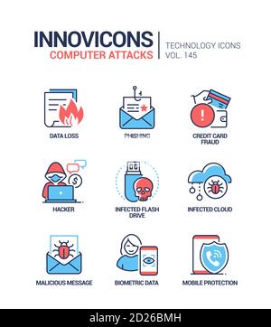 Computer-Angriffe - bunte Linie Design Stil Symbole Stock Vektor