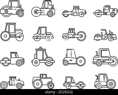 Symbole für Straßenwalze für Baustellen eingestellt. Umriss Satz von Bau Straße Roller Vektor-Symbole für Web-Design isoliert auf weißem Hintergrund Stock Vektor