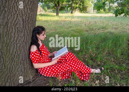 Eine junge Brünette in einem langen roten Kleid mit weißen Kreisen sitzt im Sommerpark in der Nähe eines Baumes und liest ein Buch. Sommerliche Freizeitgestaltung im Freien. Stockfoto