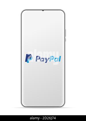 PayPal-Logo-Symbol auf dem Smartphone-Bildschirm. Vektordarstellung weißer Hintergrund. Stockfoto