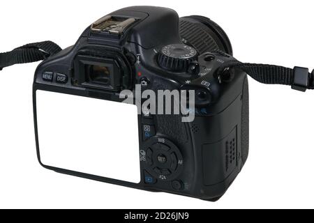 Schwarze digitale SLR-Kamera isoliert auf weißem Hintergrund Nahaufnahme. Stockfoto