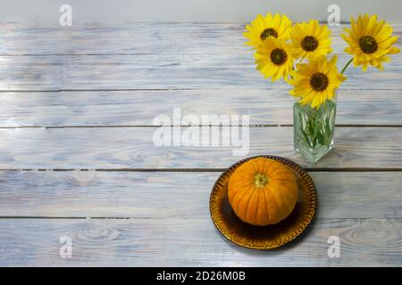 Gelbe Blumen in einer Glasvase und Kürbis auf einem Teller. Weißer Holzhintergrund, Kopierraum, selektiver Fokus. Stockfoto
