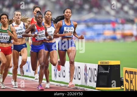 Ajee Wilson (USA), Rose Mary Almanza (Kuba), Rababe Arafi (Marokko). 800 Meter Frauen, Halbfinale. IAAF Leichtathletik-Weltmeisterschaften, Doha 2019 Stockfoto