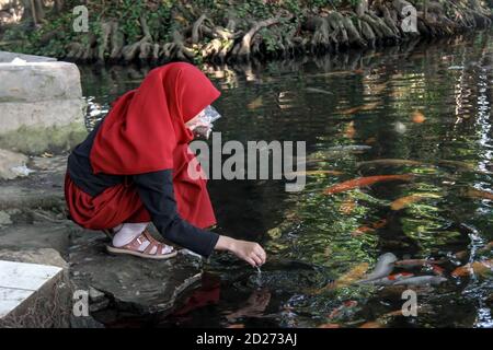 Portrait einer asiatischen Frau, die Fische in einem Teich füttert. Urlaub in Koi-Fischteichen am Wochenende Stockfoto