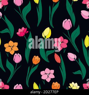 Nahtloses Blumenmuster mit Tulpen auf schwarzem Hintergrund. Stock Vektor