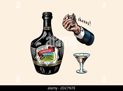 Flasche Alkohol aus Glas. Hand mit einem Schuss. Toast Prost. Starkes Getränk. Amerikanisches Abzeichen. Alkoholische Etikett. Skizze mit Gravur für T-Shirt. Klassisch Stock Vektor